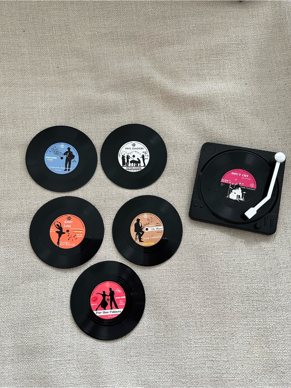 Retro Mini Vinyl Record Coasters Set with Black Turntable Holder - Multi